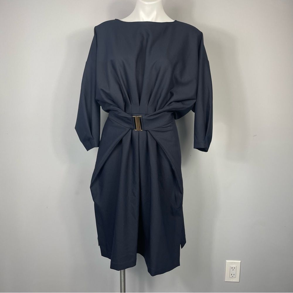 BGL Belong Genteel Navy Wrap Dress Boatneck Midi Knee Length Belted Work Dress S - Picture 10 of 16
